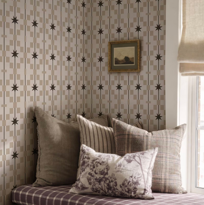 a cozy corner of a room with a plaid couch adorned with decorative pillows, and a framed picture hanging on the wall above it.