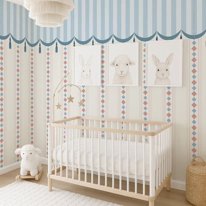A cozy nursery with a white crib, a stuffed lamb, and a mobile. The walls are decorated with framed animal illustrations, and the room has a striped pattern.