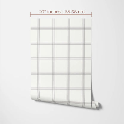 a white wall with a roll of wallpaper or a similar material displayed on it. The wallpaper has a grid pattern with vertical and horizontal lines, creating a checkered or striped appearance. The image is described as having a size of 27 inches by 68.58 centimeters.