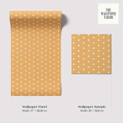 two wallpaper samples with a similar pattern of small white dots on a yellow background. The text provides the widths of the wallpaper panels and the wallpaper sample, which are both 20 inches wide.