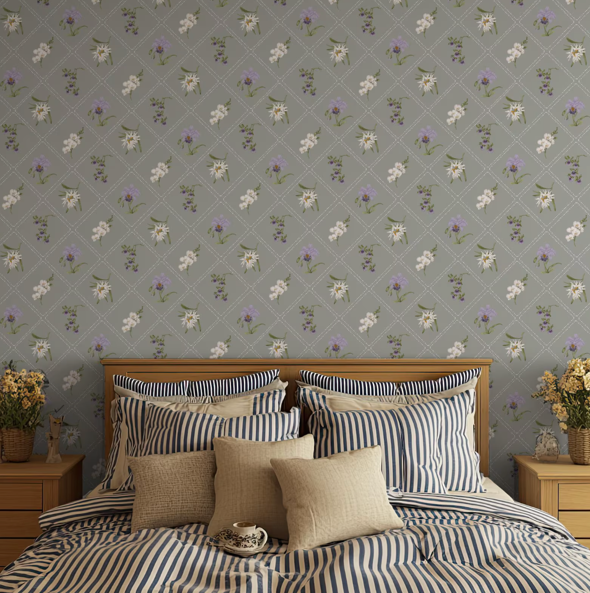 a bedroom with a bed, striped pillows, and a floral wallpaper.