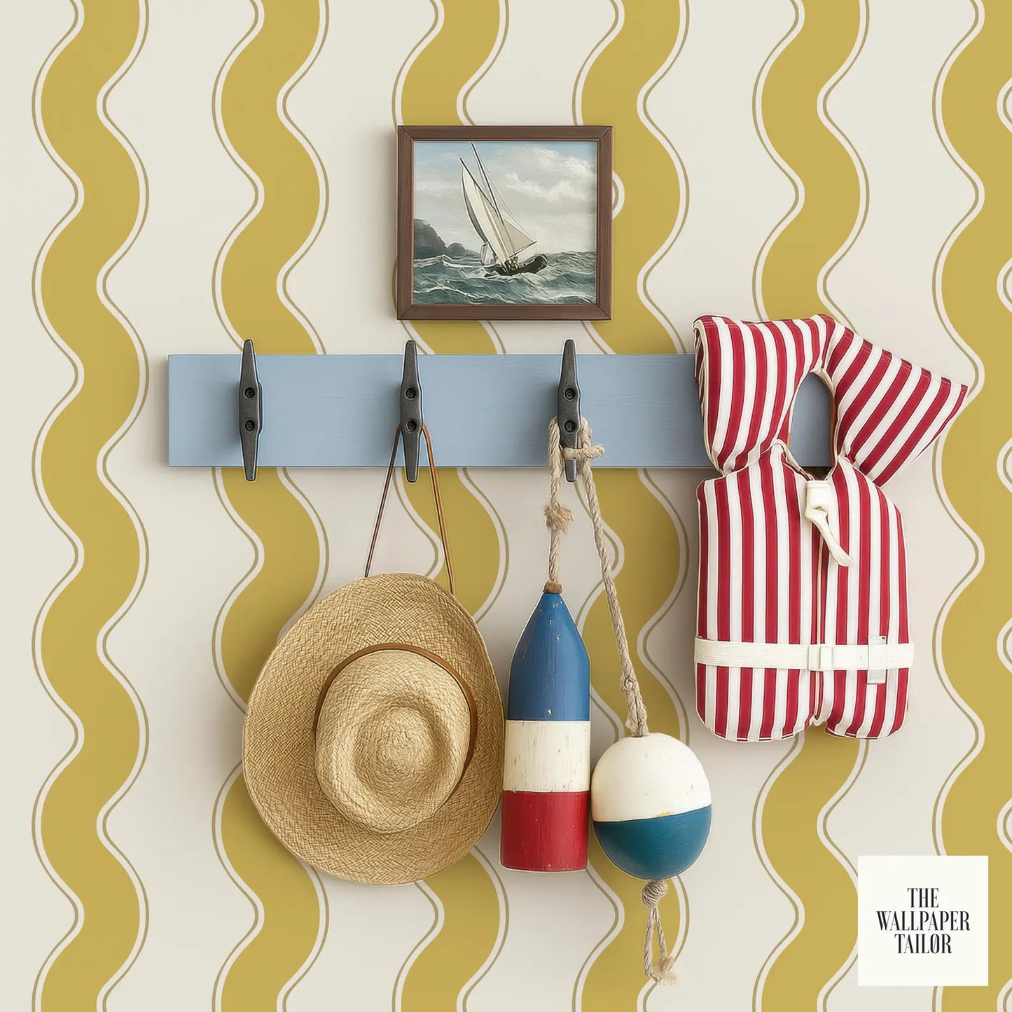 a wall with a yellow and white striped pattern, a blue coat rack with a framed picture of a sailboat, a straw hat, a life preserver, and a buoy hanging on it.