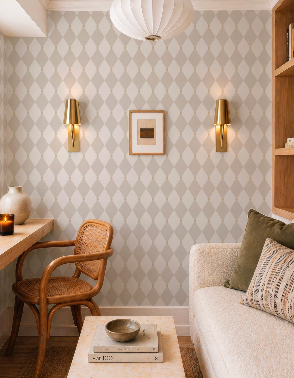 a cozy living room with a white sofa, a wooden chair, and a coffee table. The walls are covered in a diamond pattern wallpaper, and there are two wall sconces on either side of the sofa. A framed picture is hanging on the wall above the sofa, and a bookshelf is visible in the background.