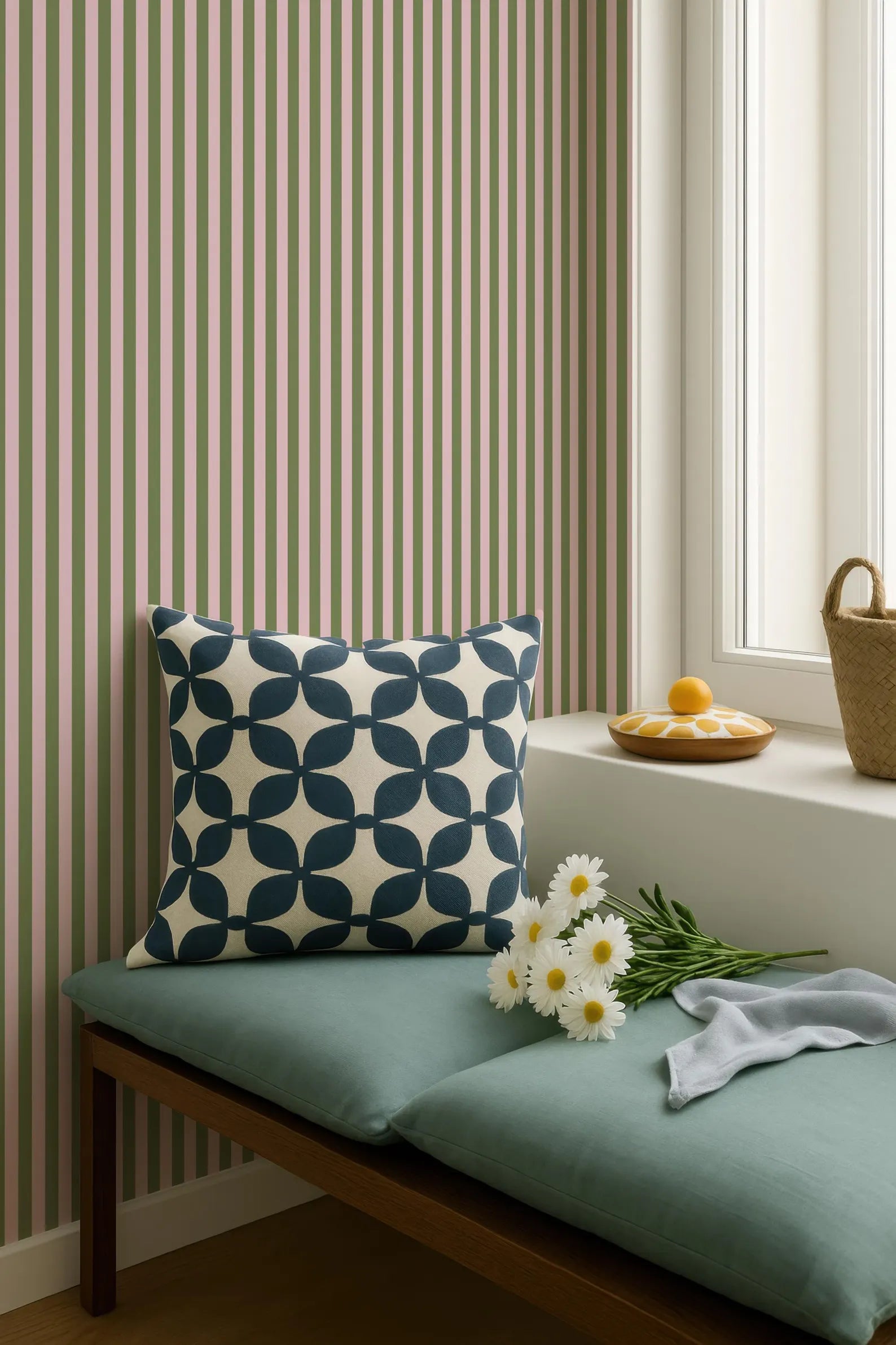 a cozy corner with a green bench, a blue and white patterned pillow, a basket of flowers, and a small wooden tray with an orange. The background has a striped pattern, and there is a window with white curtains.