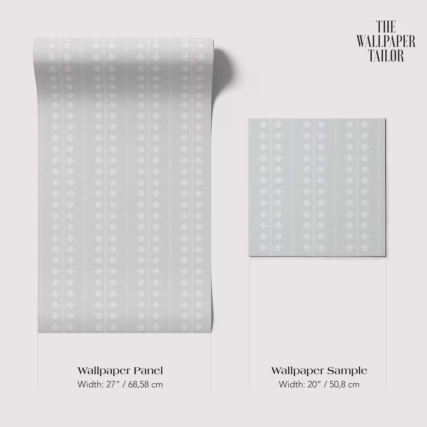 a wallpaper panel and a wallpaper sample, both with a gray and white floral pattern.