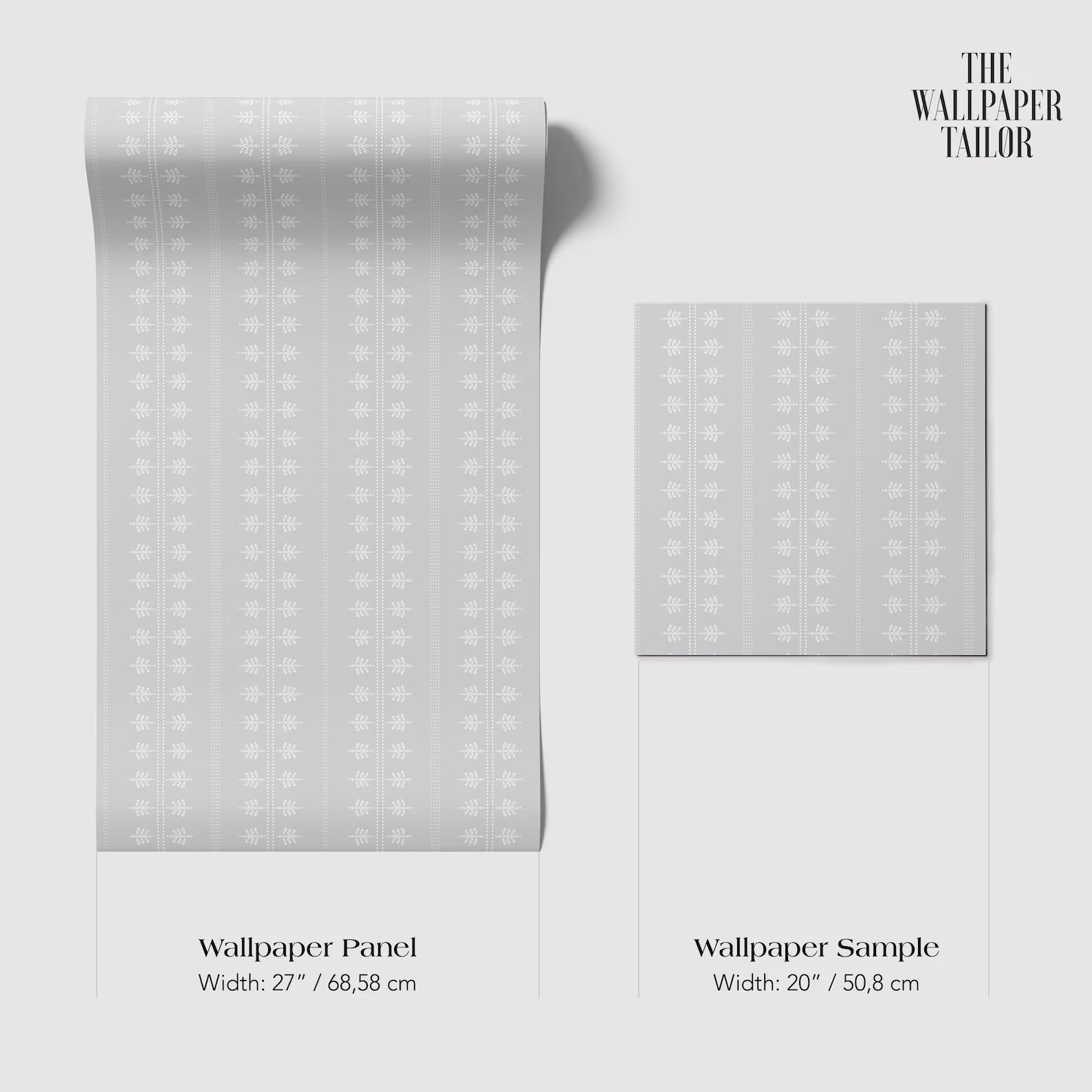 a wallpaper panel and a wallpaper sample, both with a gray and white floral pattern.