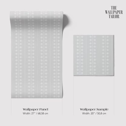 a wallpaper panel and a wallpaper sample, both with a gray and white floral pattern.