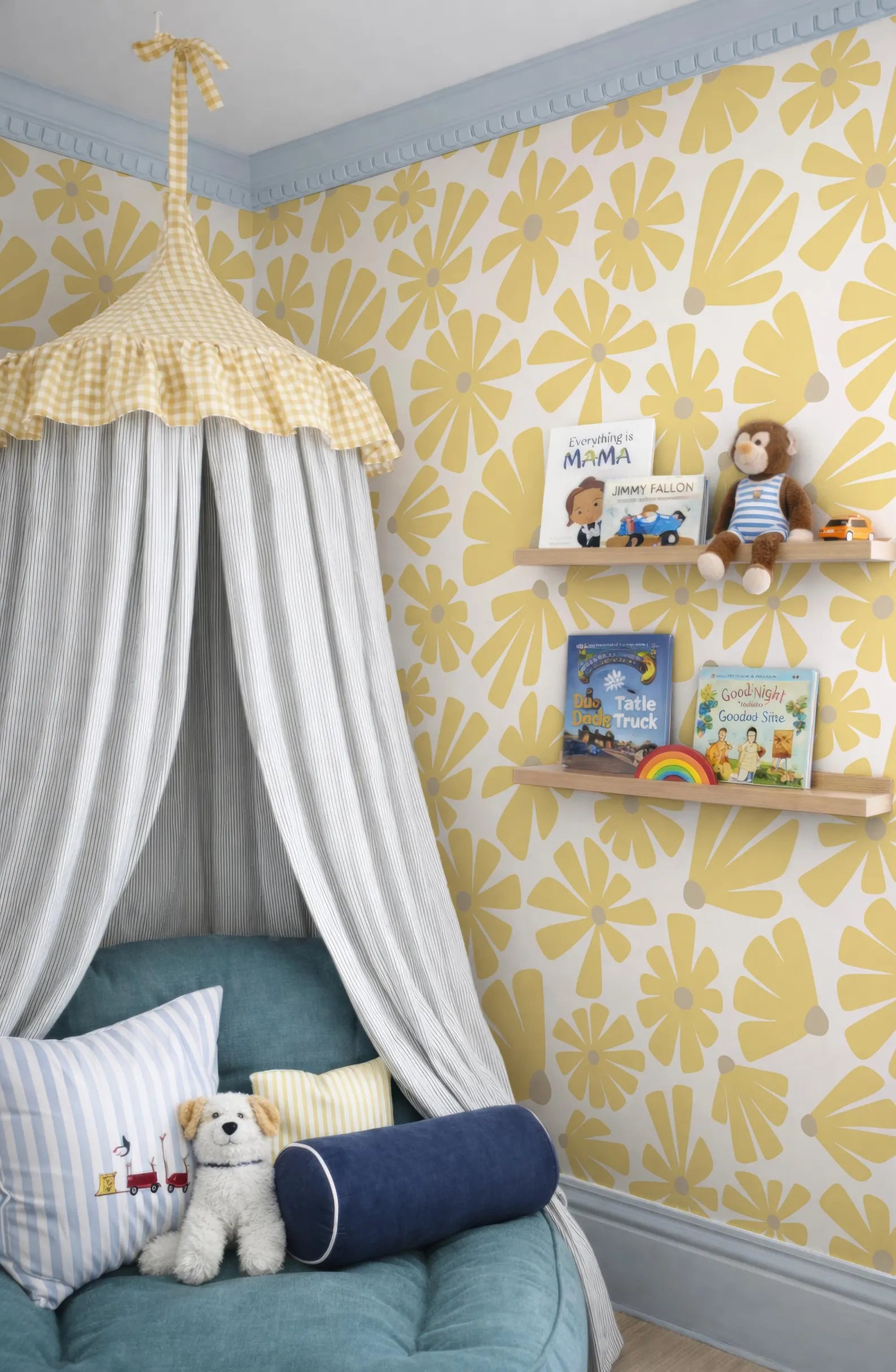 a cozy and colorful children's bedroom with a canopy bed, yellow and white floral wallpaper, and shelves displaying children's books and toys.