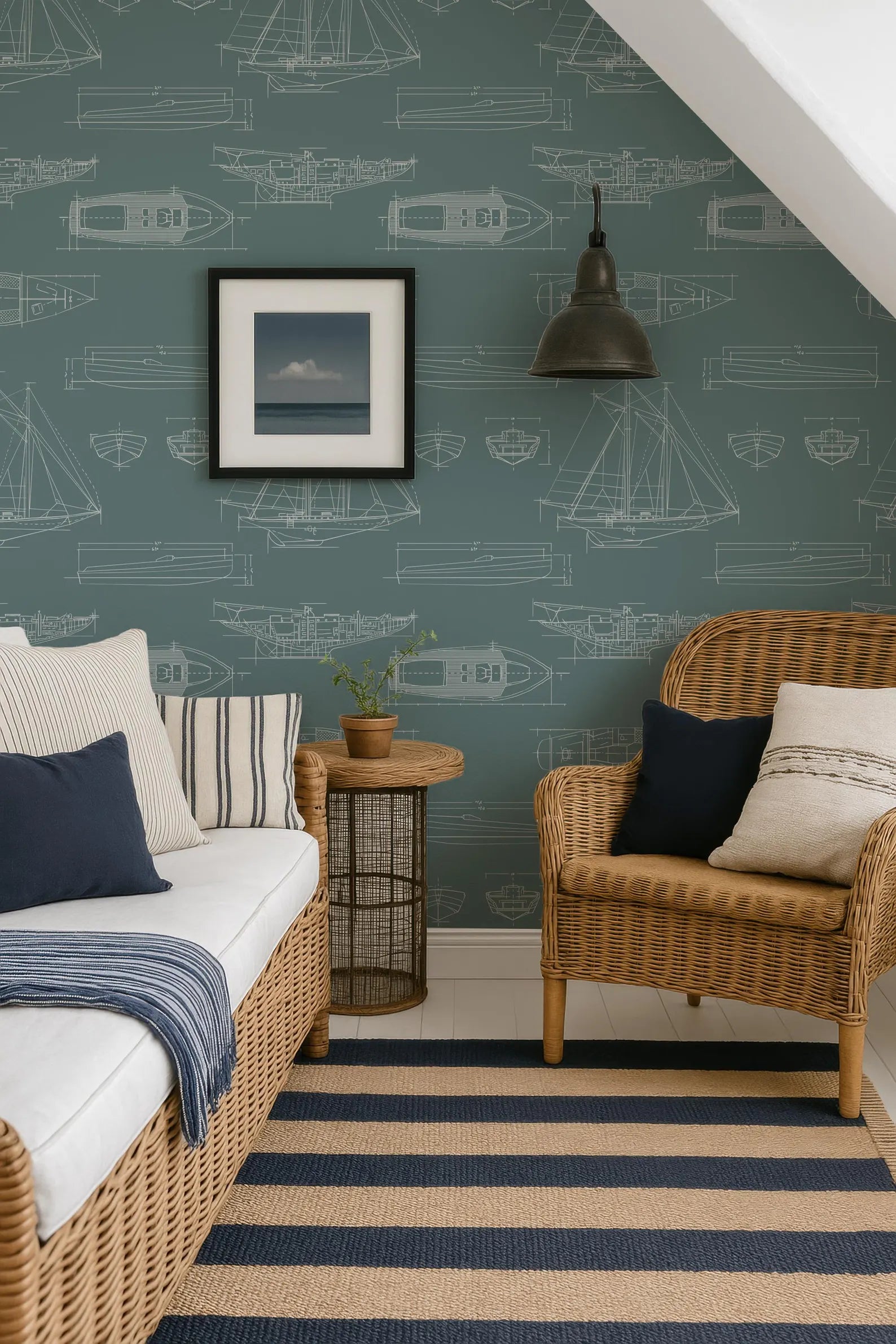 a cozy living room with a wicker chair, a striped rug, and a framed picture of boats on the wall.