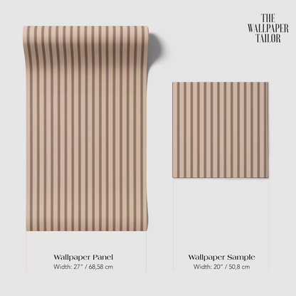 two different sizes of a striped wallpaper panel, with the larger one being a full-sized panel and the smaller one being a sample. The text provides the dimensions of each size, with the full-sized panel being width: 27/68/58.8 cm and the sample being width: 20/50/58.8 cm.