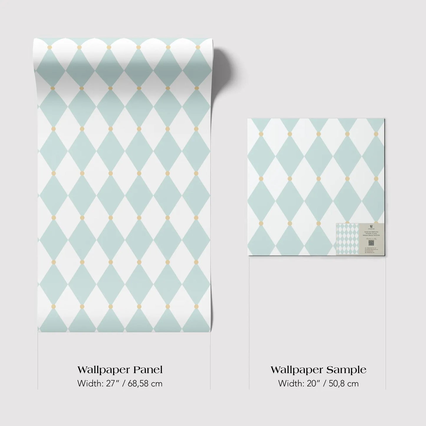 two different sizes of a wallpaper panel with a diamond pattern in shades of green and white.