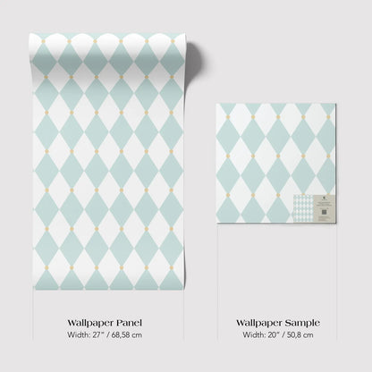 two different sizes of a wallpaper panel with a diamond pattern in shades of green and white.