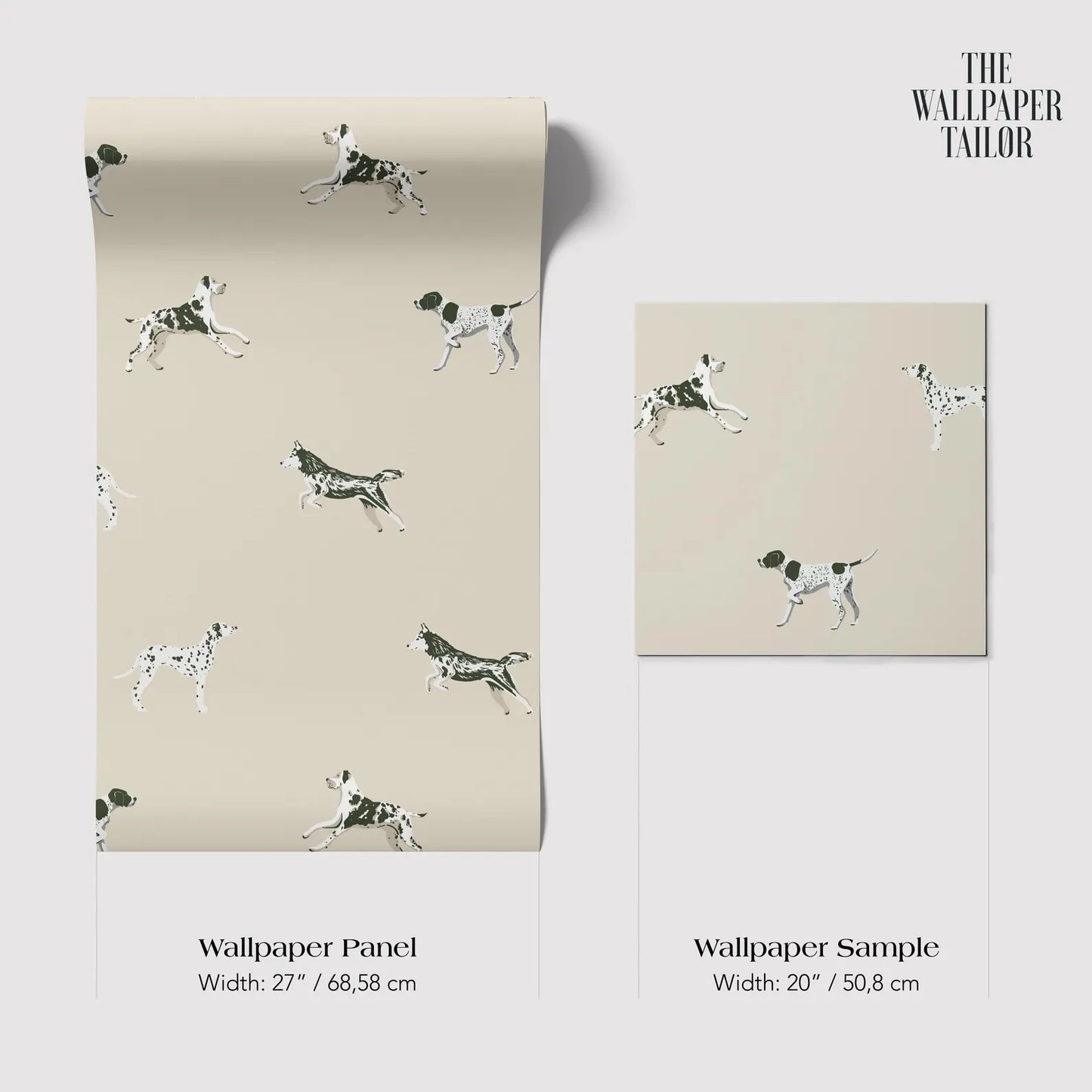 The image is a wallpaper panel and a wallpaper sample, both featuring a repeating pattern of black and white spotted dogs.