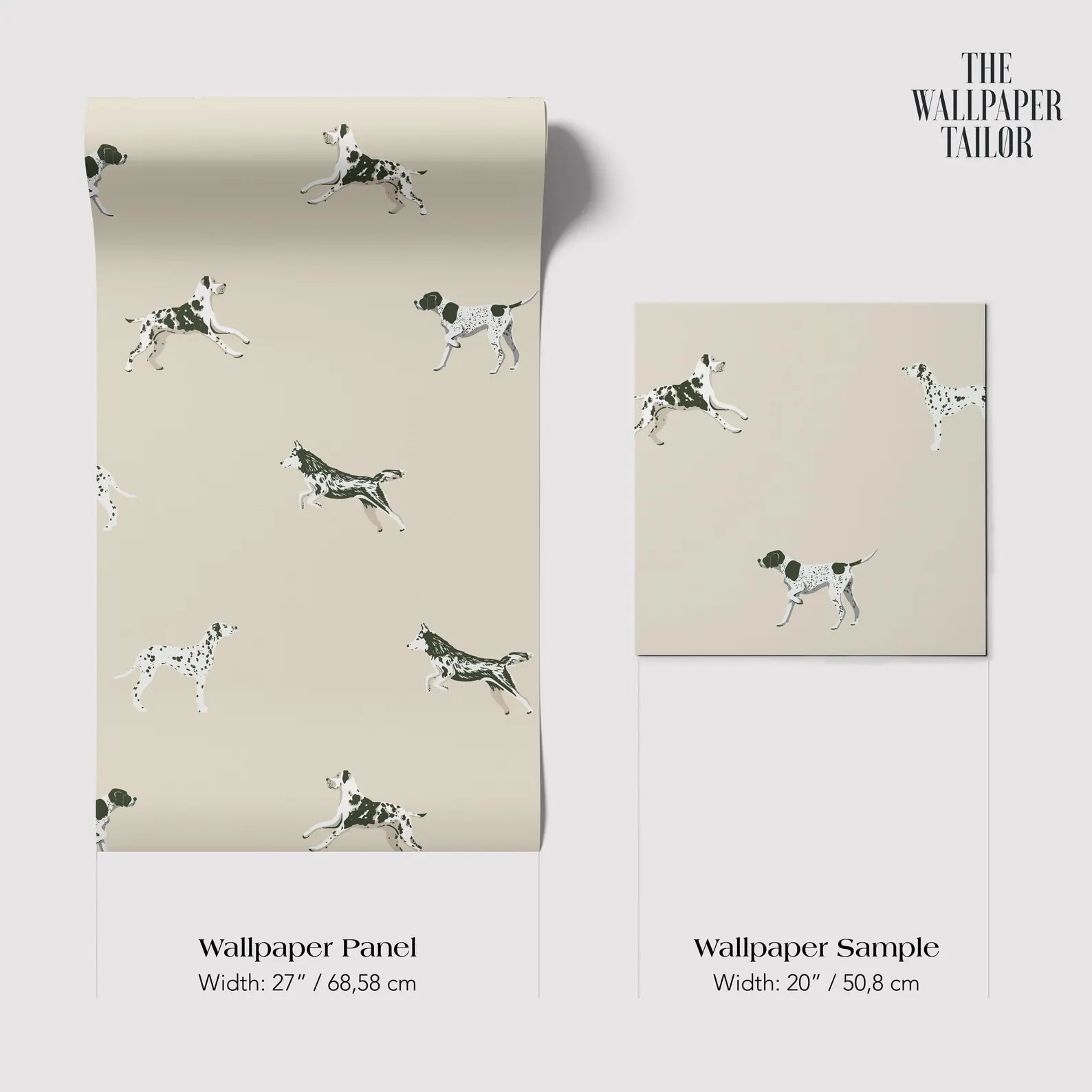 The image is a wallpaper panel and a wallpaper sample, both featuring a repeating pattern of black and white spotted dogs.