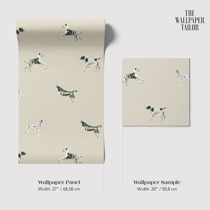The image is a wallpaper panel and a wallpaper sample, both featuring a repeating pattern of black and white spotted dogs.