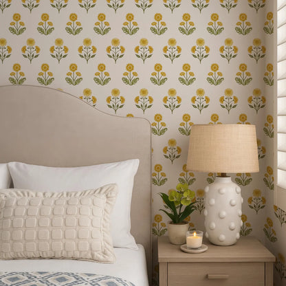 a cozy bedroom scene with a bed, a lamp, and a potted plant. The bed has a white headboard and a beige pillow, and the wall behind it is decorated with a repeating pattern of yellow flowers. The lamp on the nightstand has a beige shade and a white base, and there is a small green plant on the nightstand as well.