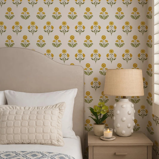 a cozy bedroom scene with a bed, a lamp, and a potted plant. The bed has a white headboard and a beige pillow, and the wall behind it is decorated with a repeating pattern of yellow flowers. The lamp on the nightstand has a beige shade and a white base, and there is a small green plant on the nightstand as well.