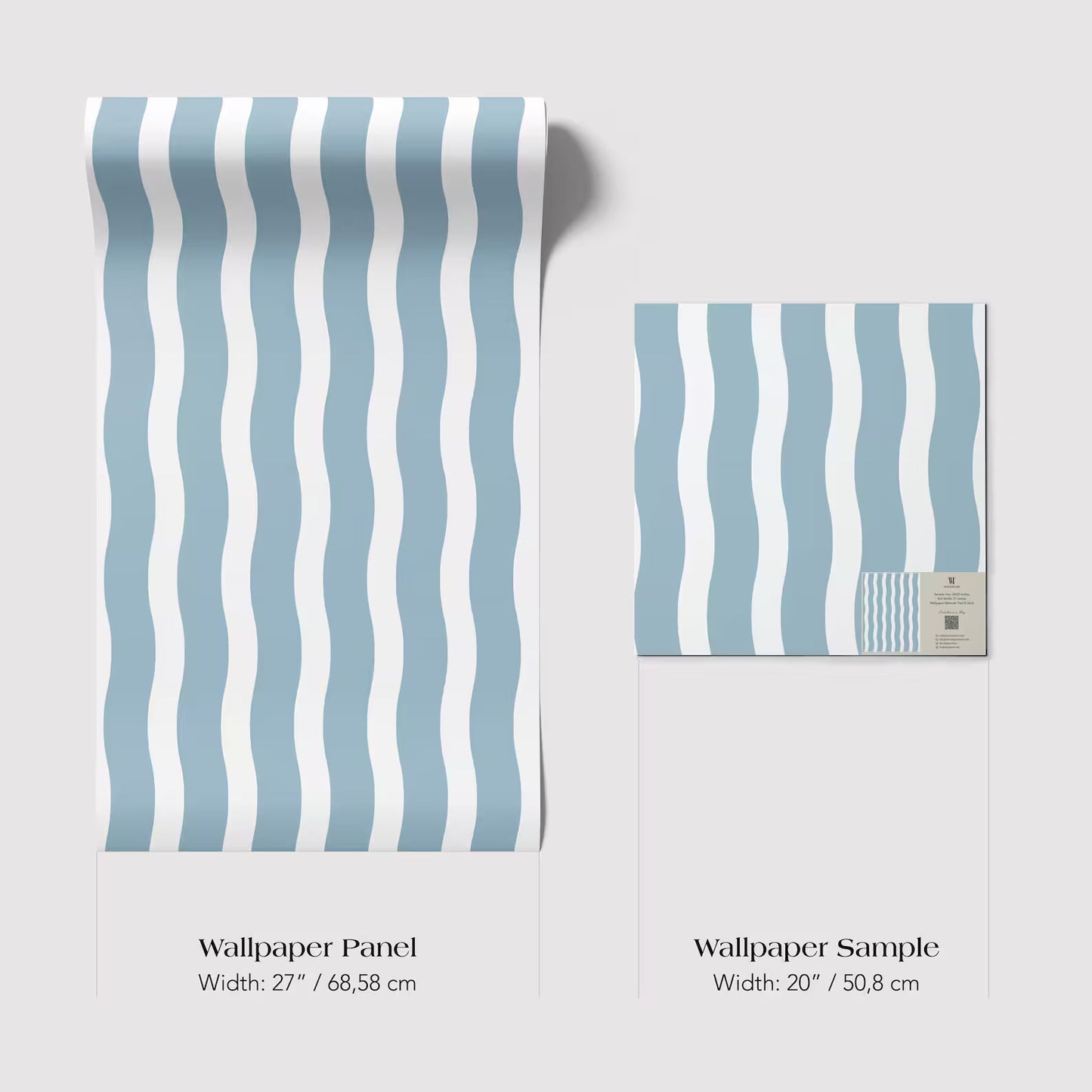 two different sizes of a wallpaper panel with a blue and white striped pattern. The larger panel is wider than the smaller one, with a width of 27 inches (68.58 cm) and a width of 20 inches (50.8 cm).