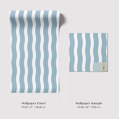 two different sizes of a wallpaper panel with a blue and white striped pattern. The larger panel is wider than the smaller one, with a width of 27 inches (68.58 cm) and a width of 20 inches (50.8 cm).