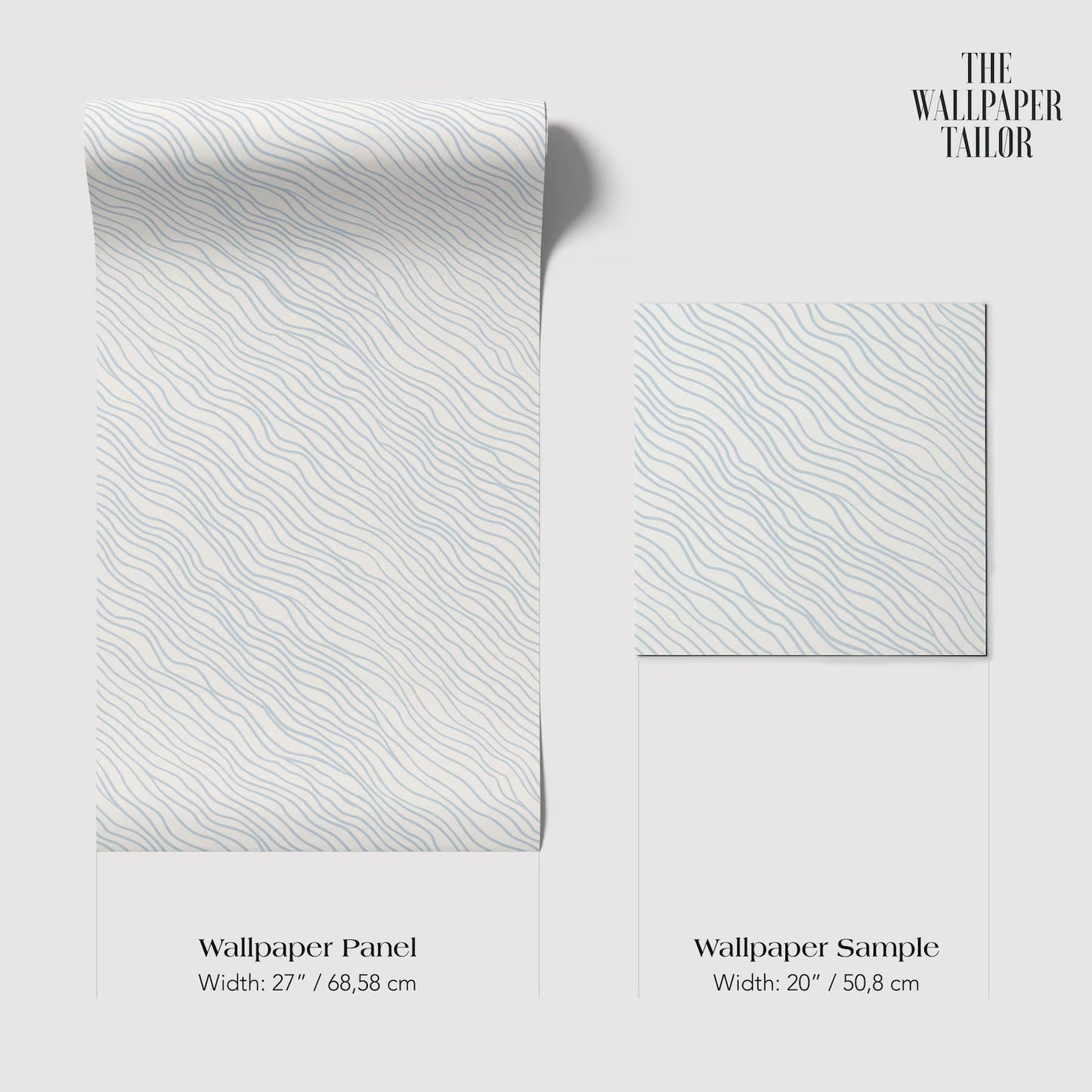 two different wallpaper samples with a wavy pattern. The first sample is a wallpaper panel with a width of 27 inches (68.58 cm) and the second sample is a wallpaper sample with a width of 20 inches (50.8 cm).