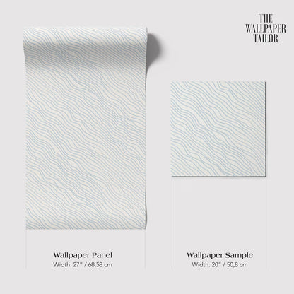 two different wallpaper samples with a wavy pattern. The first sample is a wallpaper panel with a width of 27 inches (68.58 cm) and the second sample is a wallpaper sample with a width of 20 inches (50.8 cm).