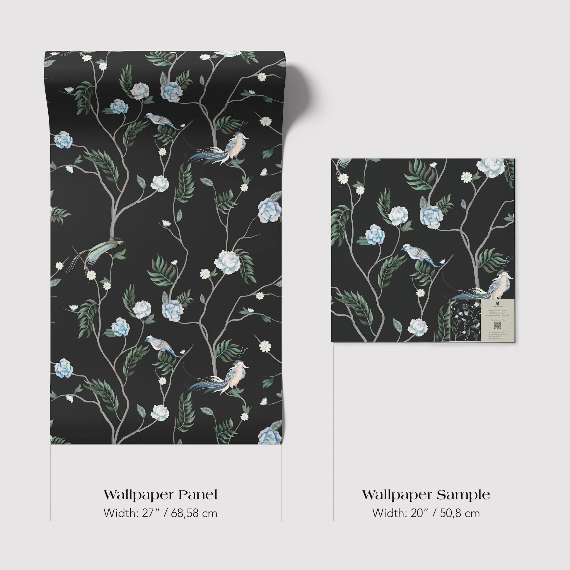 two different wallpaper panels with a floral pattern. The first panel is a larger one, measuring 22" x 68" cm, while the second panel is a smaller one, measuring 20" x 50" cm.