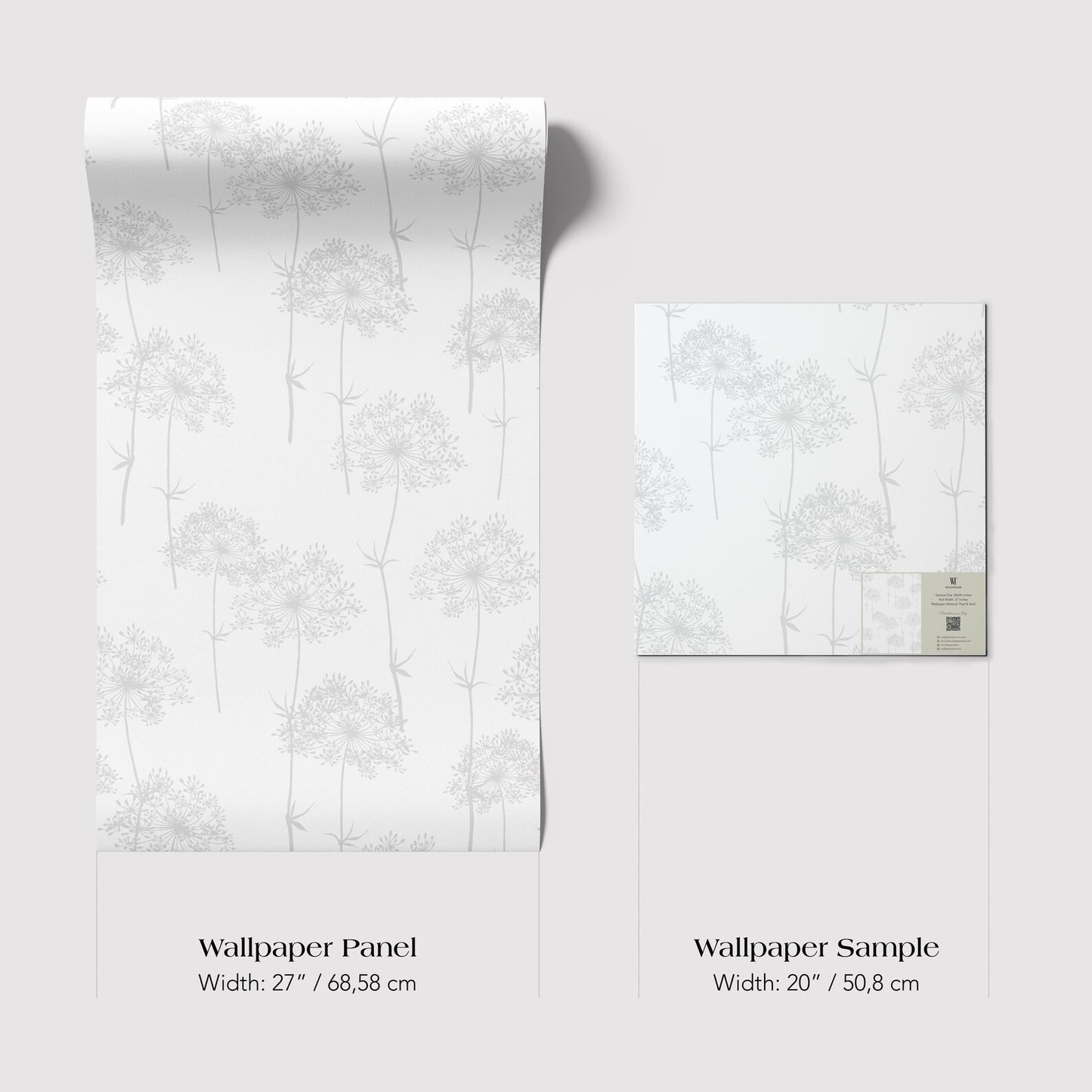 two different sizes of wallpaper panels with a repeating pattern of white flowers or leaves. The text provides the dimensions of each wallpaper sample in centimeters.