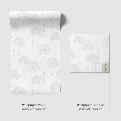 two different sizes of wallpaper panels with a repeating pattern of white flowers or leaves. The text provides the dimensions of each wallpaper sample in centimeters.