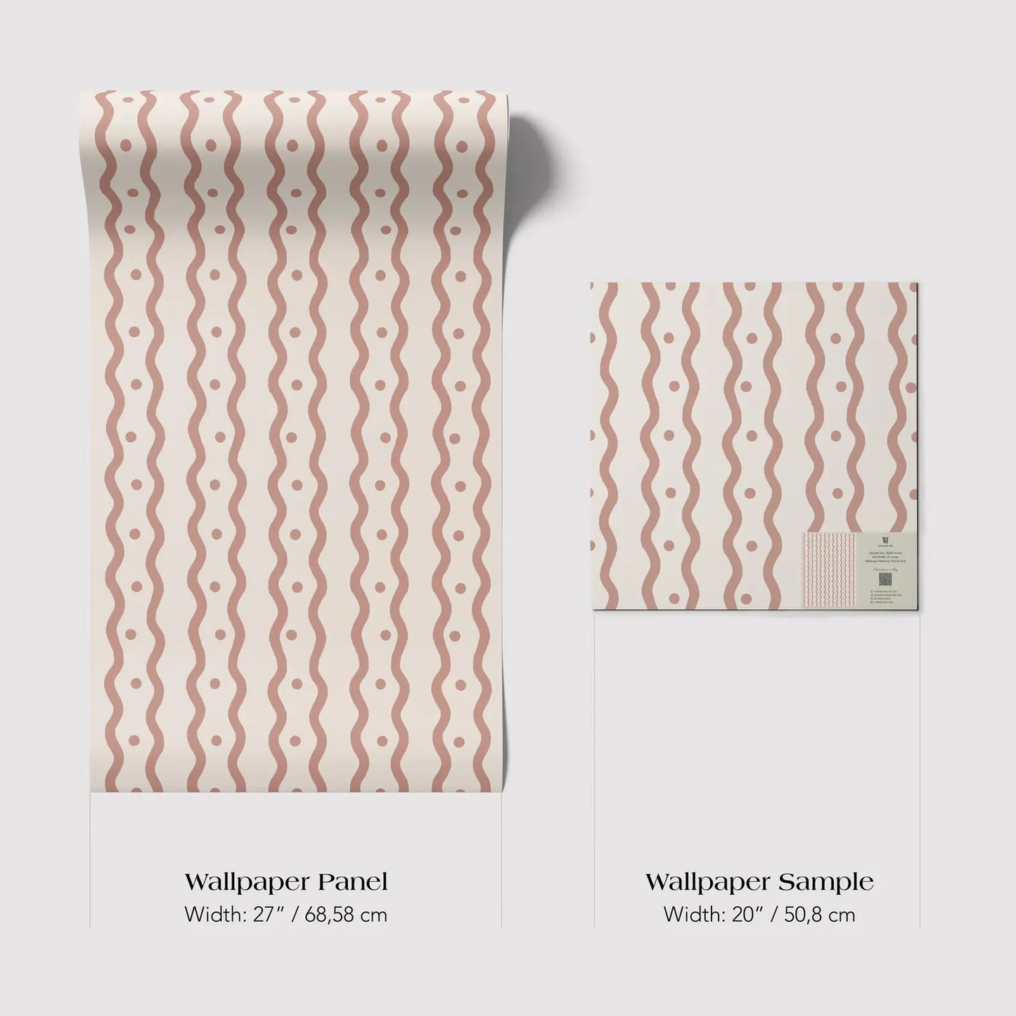 two different wallpaper samples with a repeating pattern of wavy lines and dots in shades of pink and white. The text provides the dimensions of each wallpaper sample in centimeters.