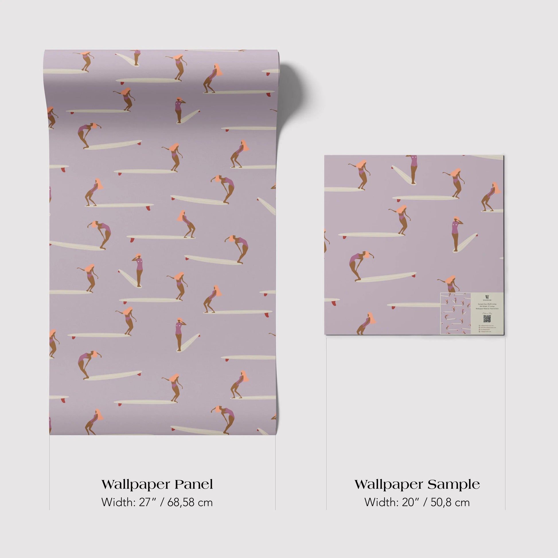 a wallpaper panel and a wallpaper sample, both featuring a repeating pattern of people surfing on surfboards. The wallpaper panel is wider at 27 inches (68.58 cm) and the wallpaper sample is wider at 20 inches (50.8 cm).
