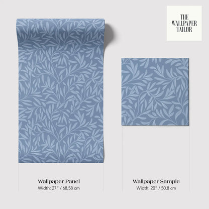 two identical blue leaf-patterned wallpaper panels, each measuring 27 inches by 68.58 centimeters.