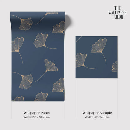 two wallpaper samples with a repeating pattern of gold leaf-like designs on a navy blue background. The text provides the dimensions of the wallpaper panels and the wallpaper sample.
