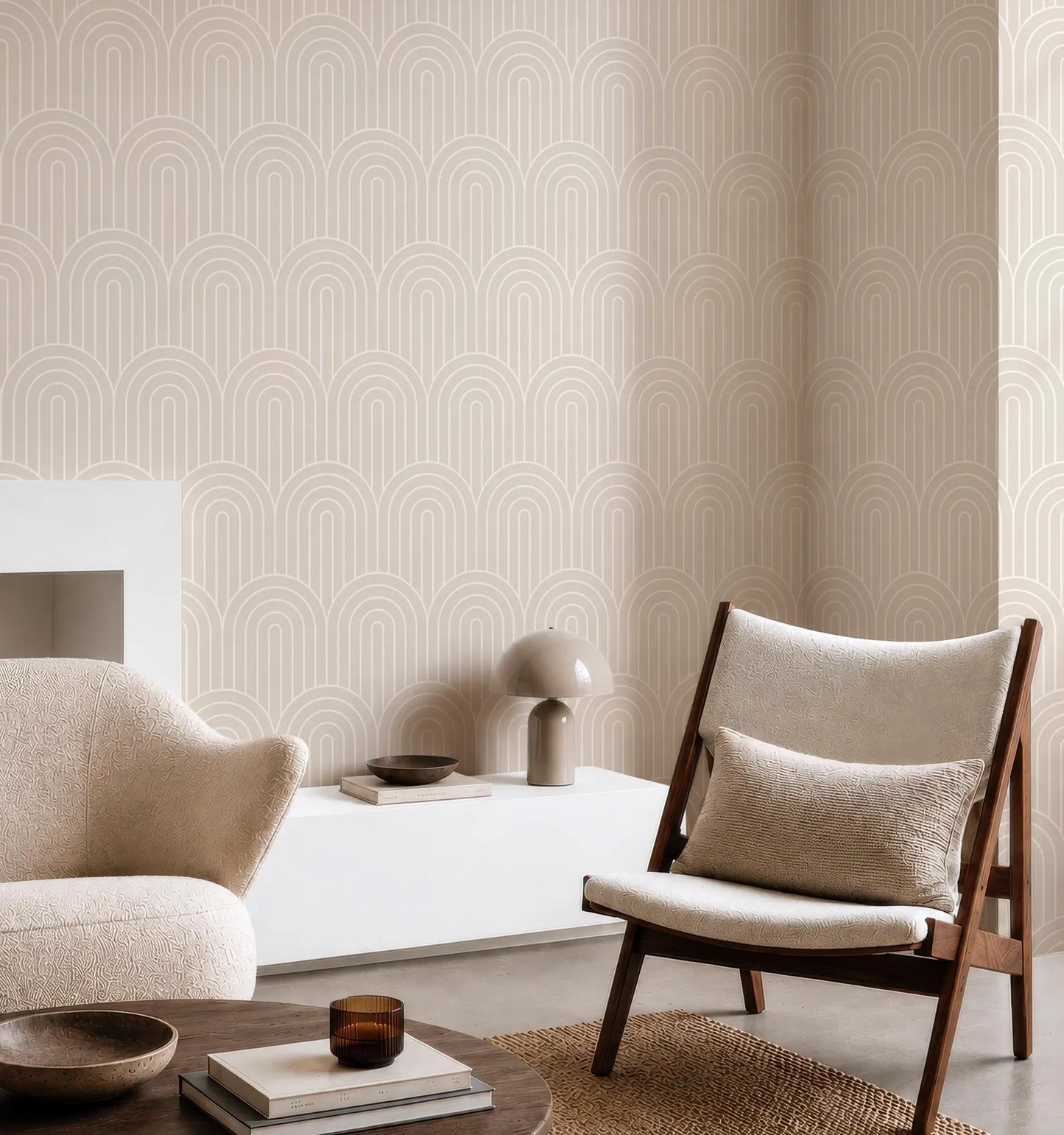 a living room with a chair and a table