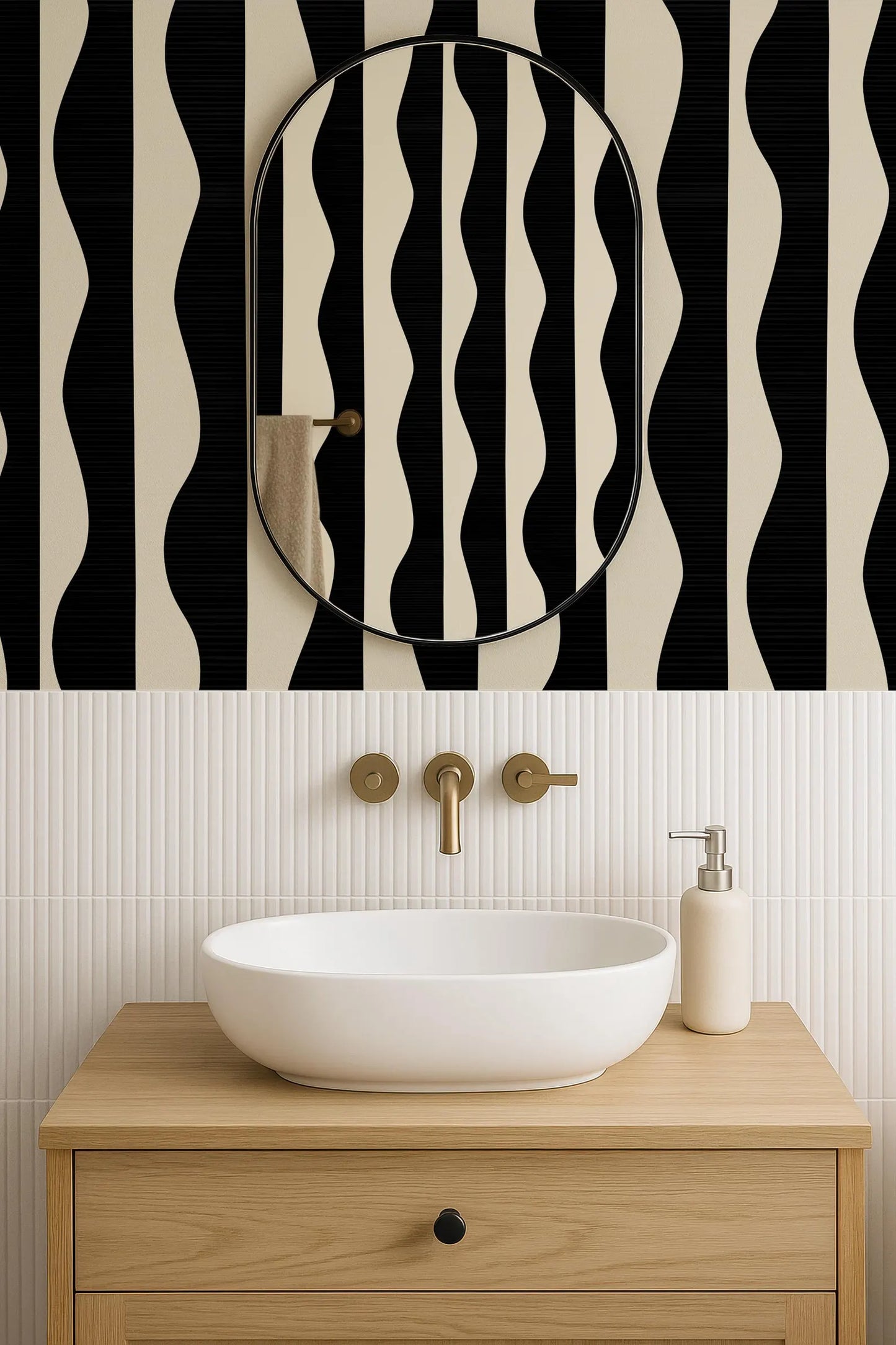 a modern bathroom with a white oval-shaped sink, a round mirror, and a wooden vanity. The walls are adorned with a black and white striped pattern, and the overall design has a sleek and contemporary feel.