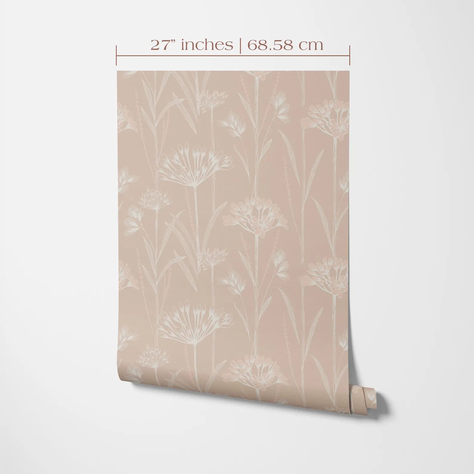 a beige floral wallpaper with a repeating pattern of white flowers and leaves. The wallpaper is rolled up and displayed against a white background, with measurements indicating it is 27 inches wide and 68.58 cm tall.