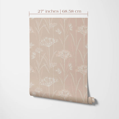 a beige floral wallpaper with a repeating pattern of white flowers and leaves. The wallpaper is rolled up and displayed against a white background, with measurements indicating it is 27 inches wide and 68.58 cm tall.