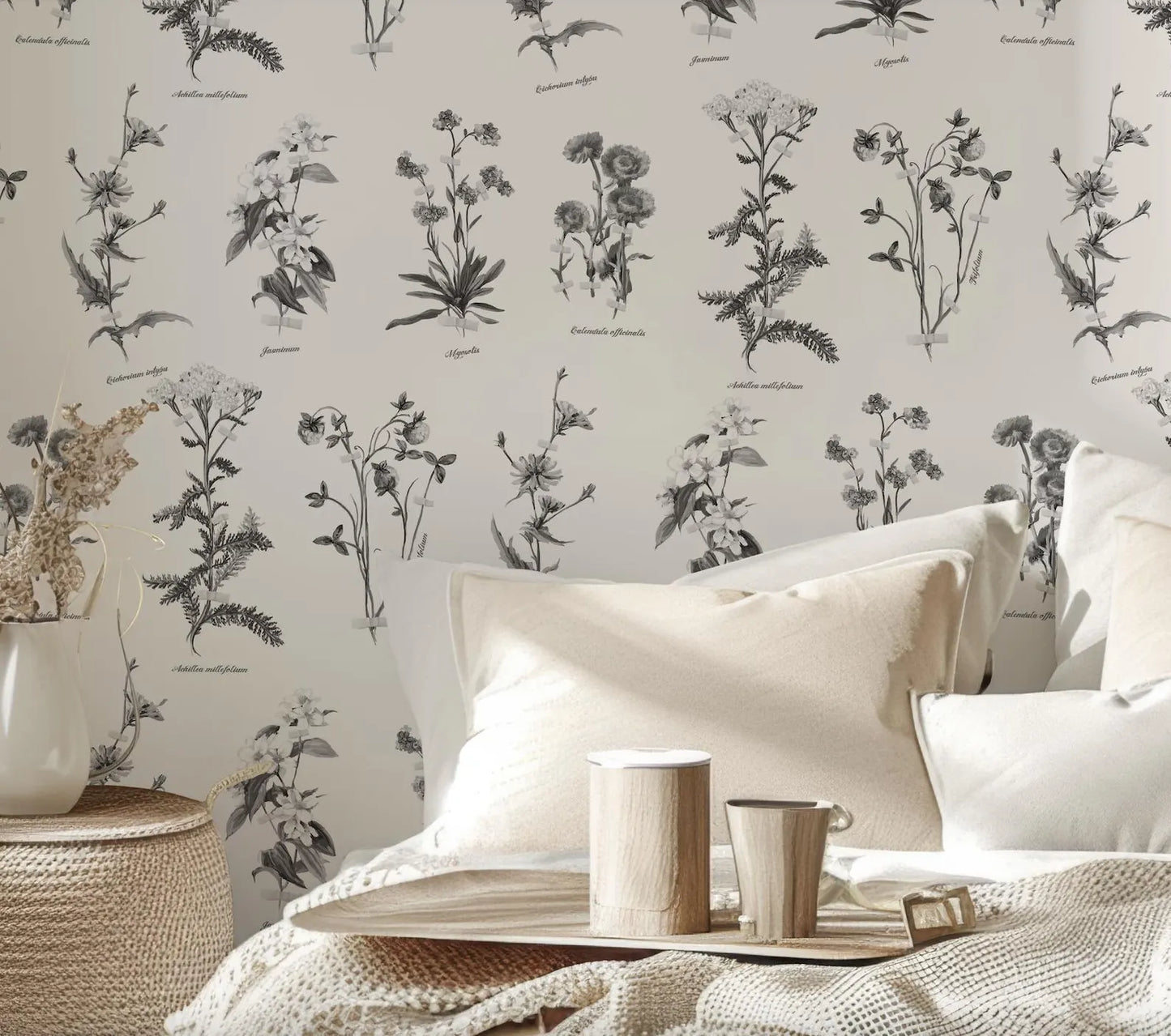a bedroom setting with a wallpapered wall adorned with black and white botanical illustrations. The wallpapered wall is complemented by a bed with white pillows and a tray holding two cups.