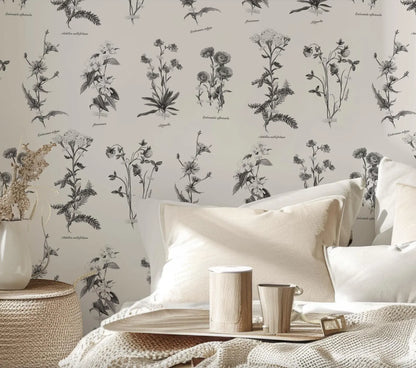 a bedroom setting with a wallpapered wall adorned with black and white botanical illustrations. The wallpapered wall is complemented by a bed with white pillows and a tray holding two cups.