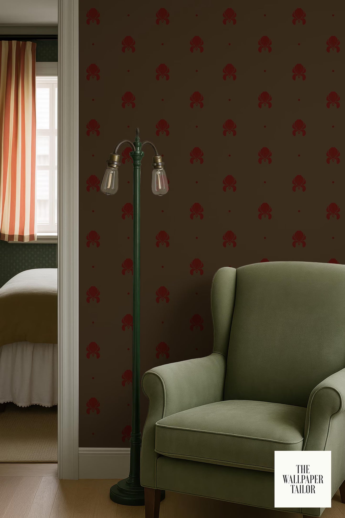 a cozy living room with a green armchair, a striped curtain, and a patterned wallpaper.