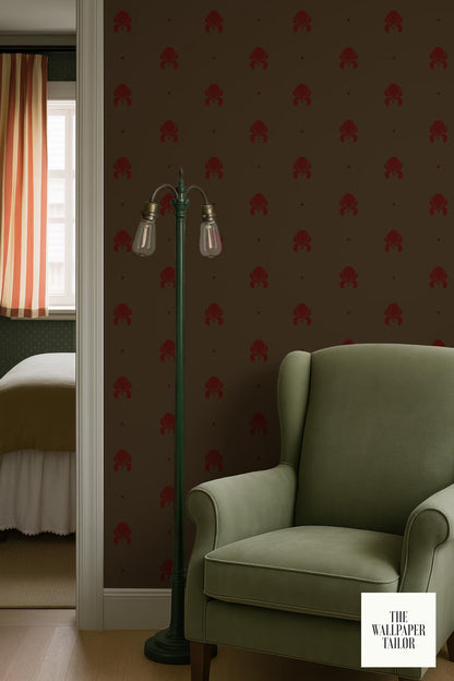 a cozy living room with a green armchair, a striped curtain, and a patterned wallpaper.