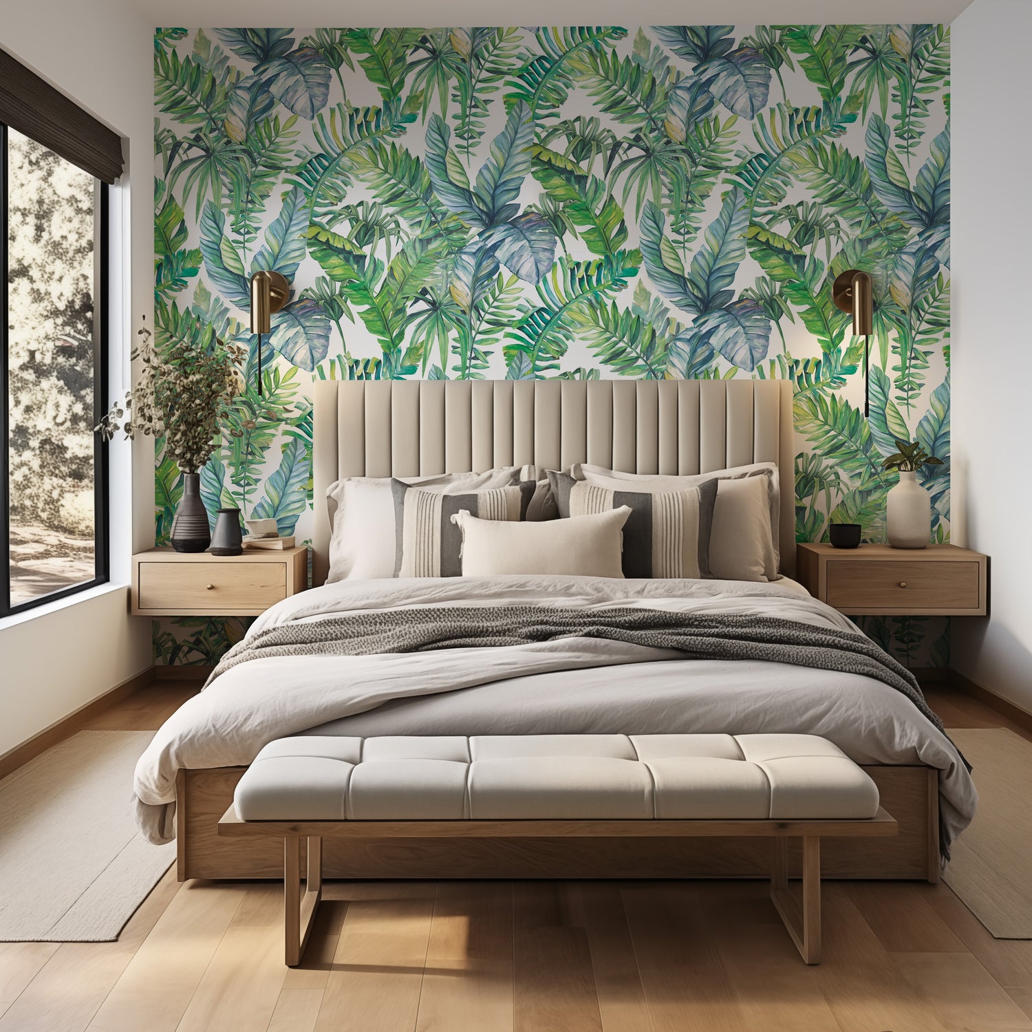 a bedroom with a large bed and a plant wallpaper