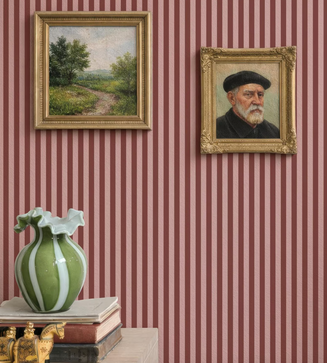 a wall with two framed paintings hanging on it, one depicting a landscape and the other a portrait of an older man. There is also a green vase with white stripes on a table in front of the paintings.