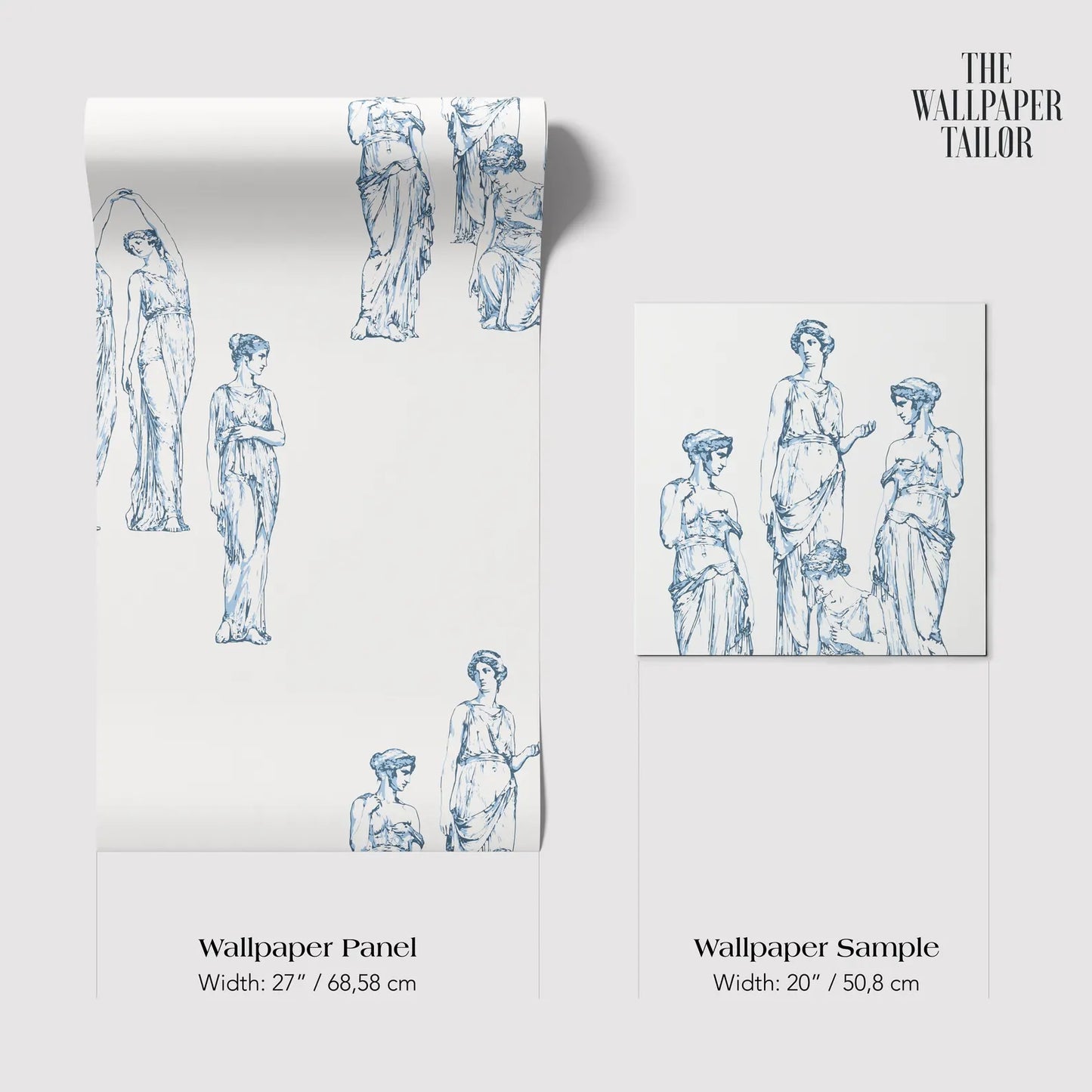 The image is a collage of two images featuring a wallpaper panel and a wallpaper sample. The wallpaper panel has a width of 27/68/58 cm and the wallpaper sample has a width of 20/50/8 cm.