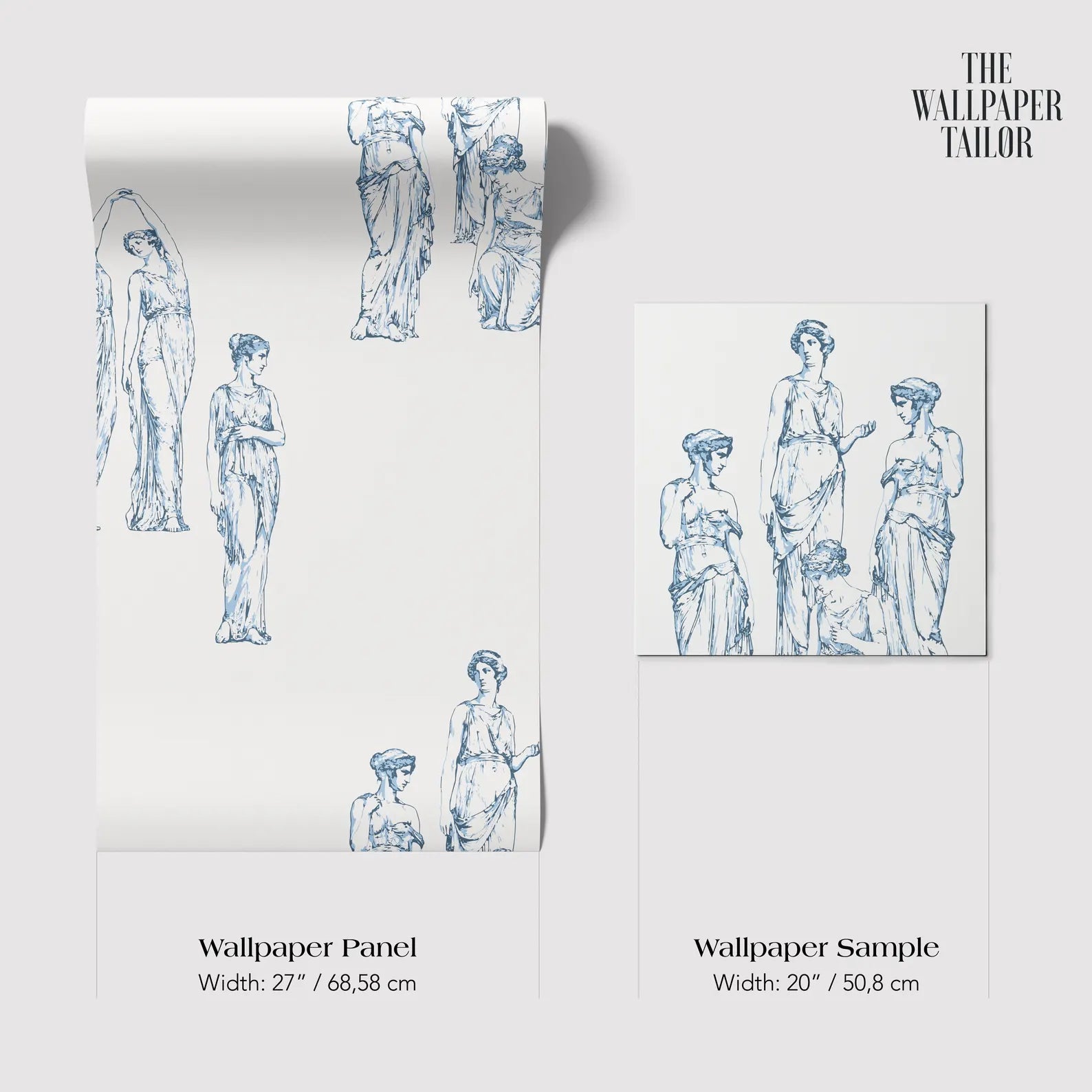 The image is a collage of two images featuring a wallpaper panel and a wallpaper sample. The wallpaper panel has a width of 27/68/58 cm and the wallpaper sample has a width of 20/50/8 cm.