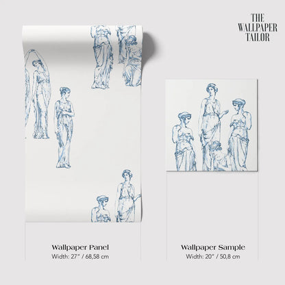 The image is a collage of two images featuring a wallpaper panel and a wallpaper sample. The wallpaper panel has a width of 27/68/58 cm and the wallpaper sample has a width of 20/50/8 cm.