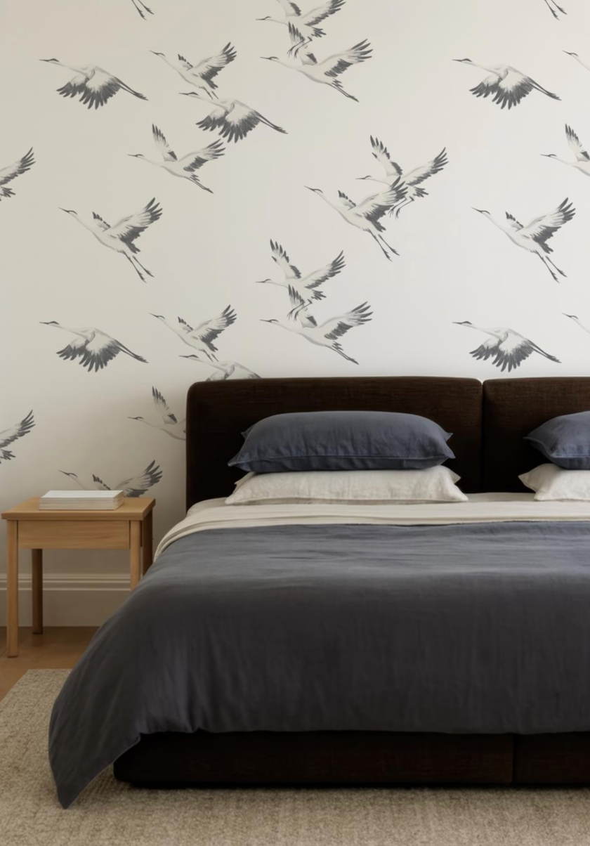 a bedroom with a large bed, a wooden nightstand, and a wallpapered wall with a repeating pattern of flying birds.