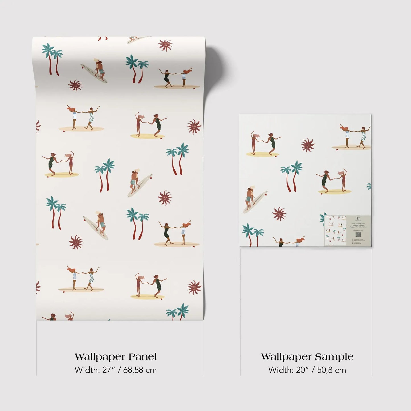 a pattern of people surfing and palm trees, with a total of 14 illustrations. The pattern is displayed on a white background, and the image is described as a wallpaper panel and a wallpaper sample.