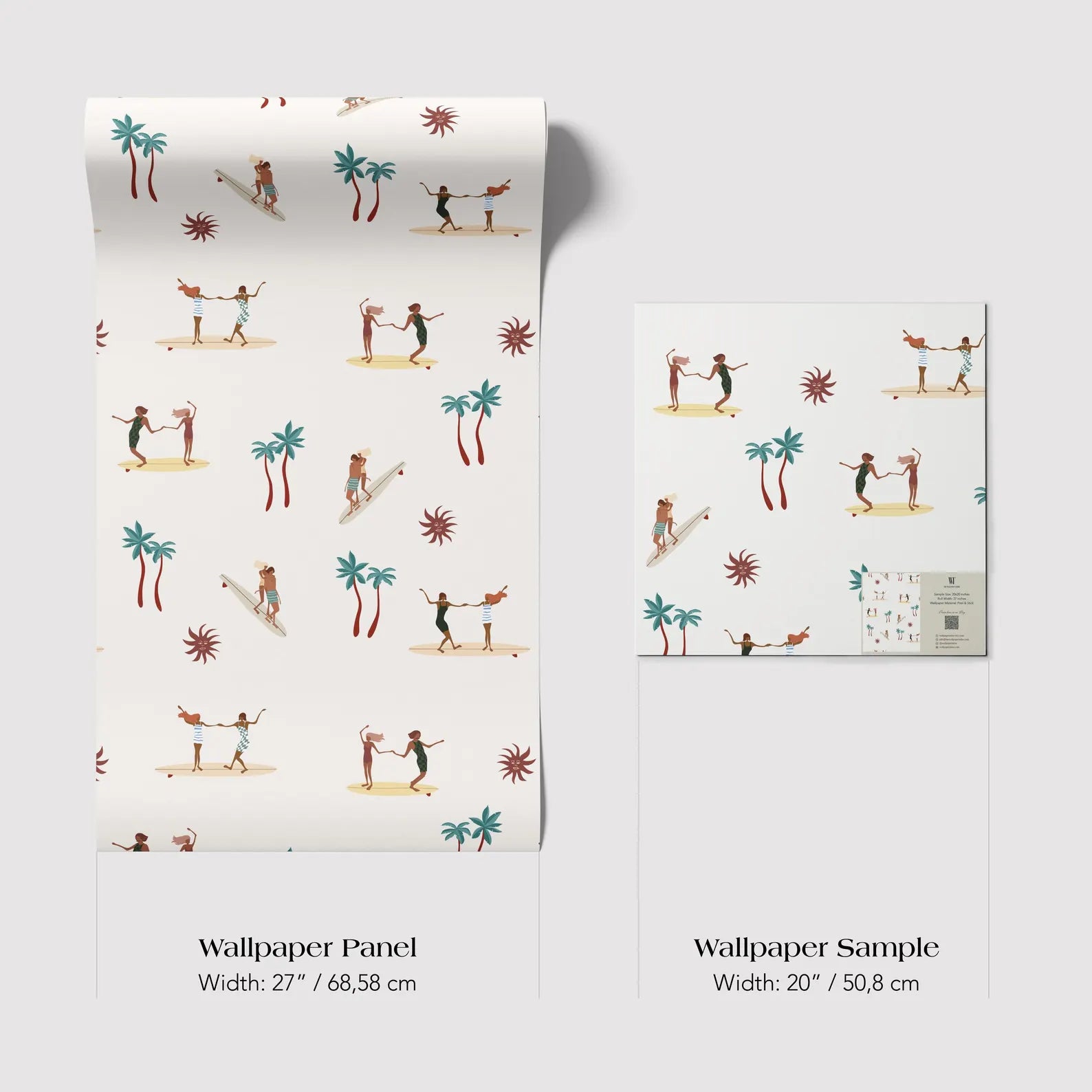 a pattern of people surfing and palm trees, with a total of 14 illustrations. The pattern is displayed on a white background, and the image is described as a wallpaper panel and a wallpaper sample.