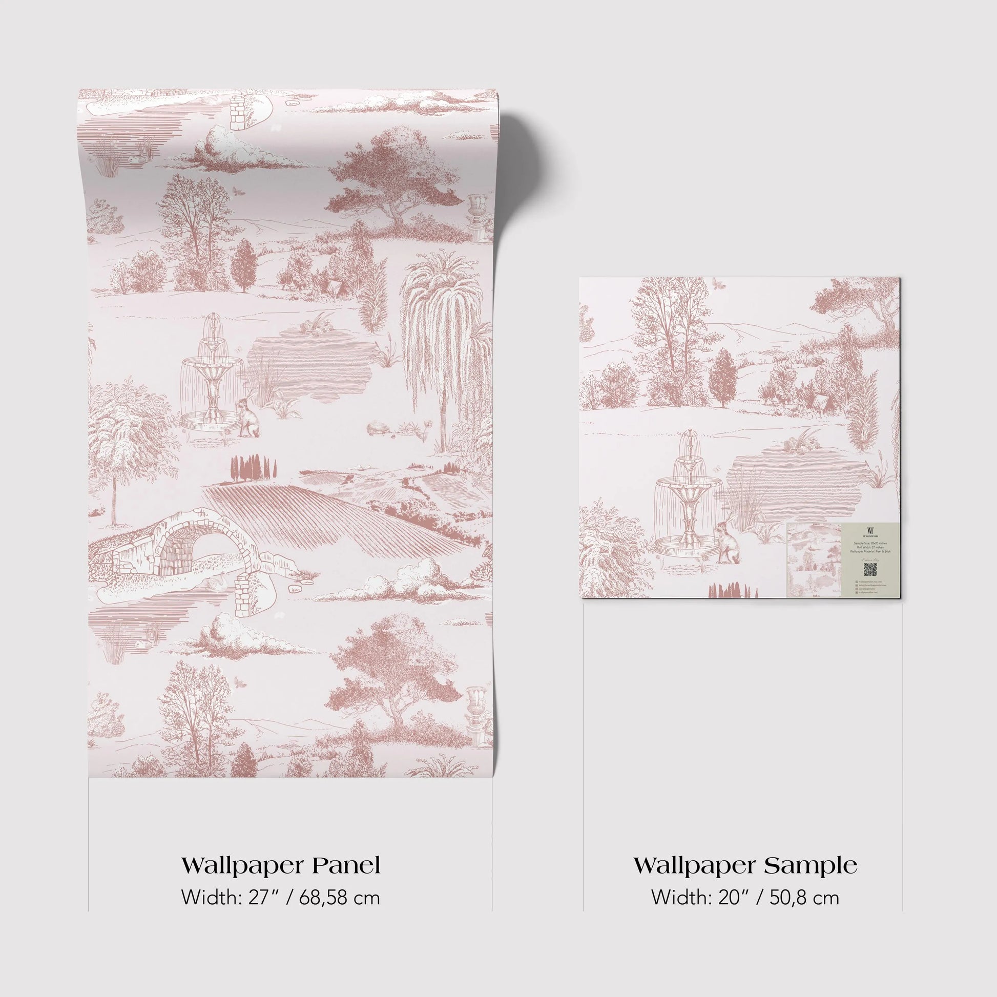 two different sizes of a wallpaper panel with a pink and white landscape design. The larger panel is wider than the smaller one, with a width of 27 inches (68.58 cm) and a height of 50 inches (80.58 cm).