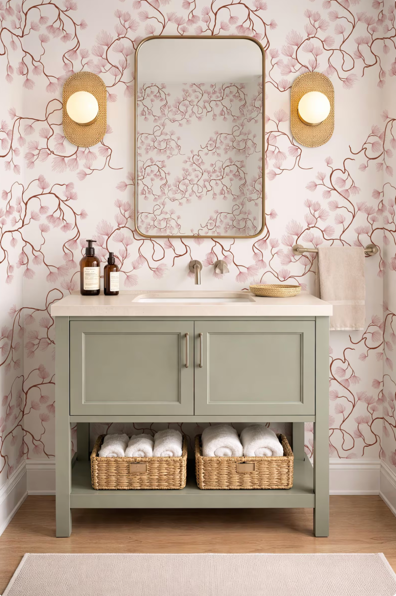 a bathroom with a gray vanity cabinet, a mirror, and a floral wallpaper. The vanity cabinet has two drawers below it, and there are two baskets on the floor next to the cabinet.